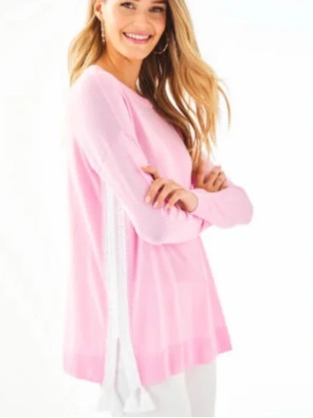 Lilly Pulitzer Damara Coolmax Pullover Sweater Pink Blossom Crochet Trim Small